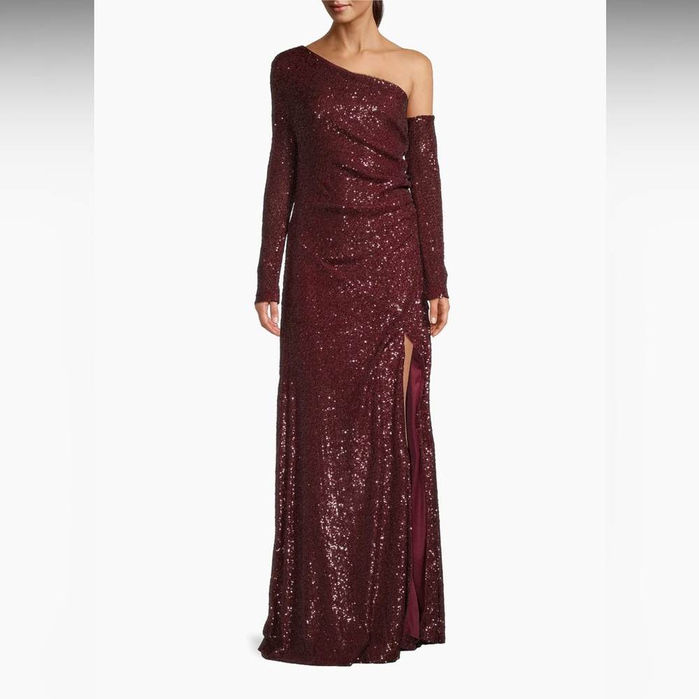 Donna Karan New York Social Occasion Asymmetric Sequined Gown Red Slit Formal 0